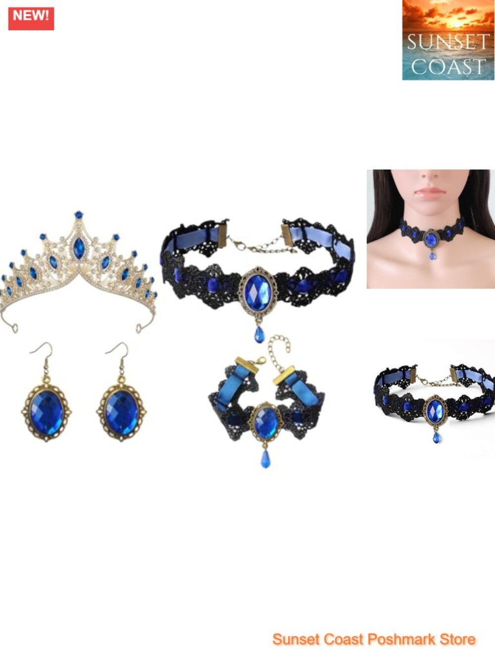 4 Pc Evil Queen Crown Jewelry Set Rhinestone Tiara Choker Earrings Bracelet